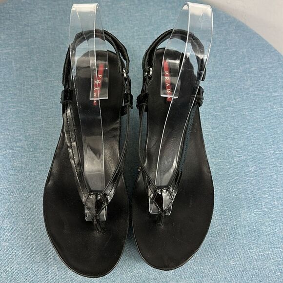 Prada Linea Rossa Patent Leather Colorblock Wedge Sandal Size 7 - Picture 2 of 11